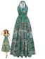 Grünes 70er Boho Maxikleid mit Paisley und Neckholder