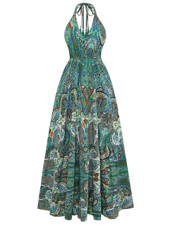 Grünes 70er Boho Maxikleid mit Tiefer V-Ausschnitt und Neckholder