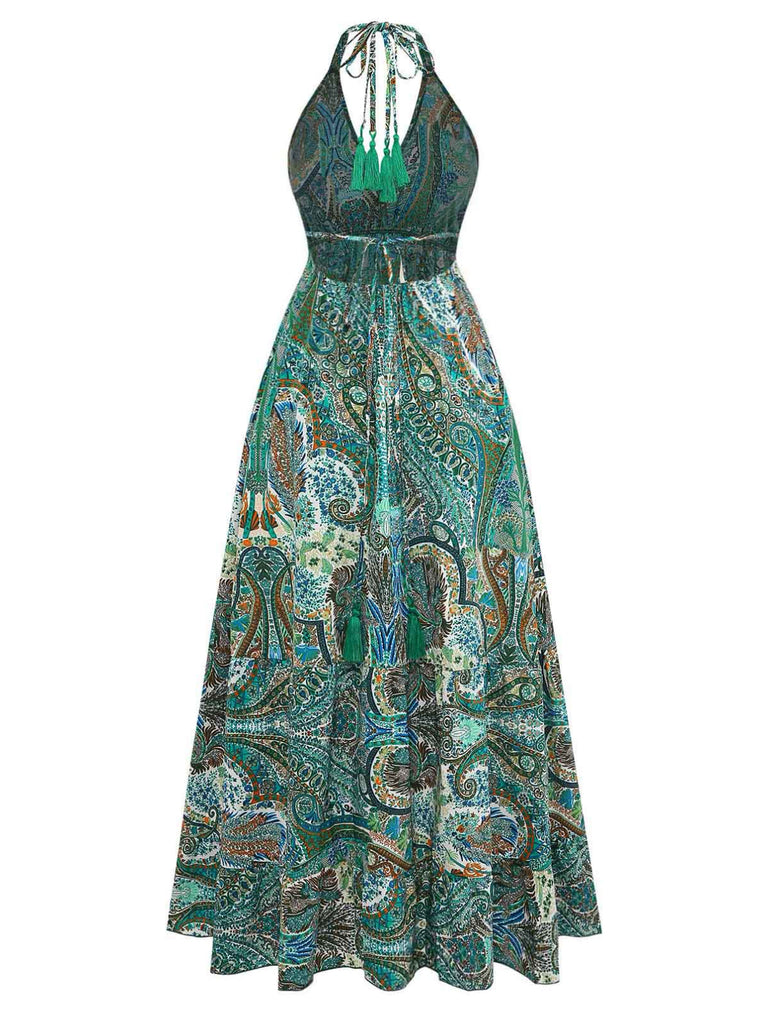 Grünes 70er Boho Maxikleid mit Tiefer V-Ausschnitt und Neckholder