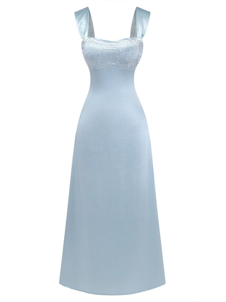 Hellblau 1930er Satin Strassstein Breite Träger Maxi Kleid