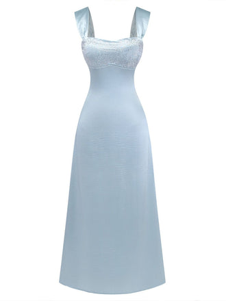 Hellblau 1930er Satin Strassstein Breite Träger Maxi Kleid