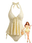 Hellgelb 1950er Strukturiert Blumen Halter Tiefer V Tankini Set