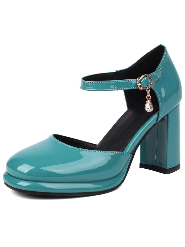 Himmelblau Vintage Lackleder Knöchelriemen Block Absatz Pumps