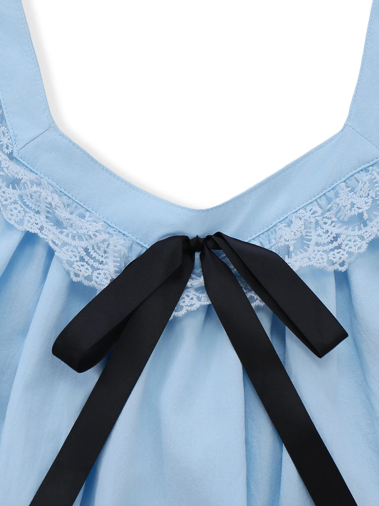 [Vorverkauf] 1960er Solide Bogen Rückenfrei Spitze Babydoll Kleid