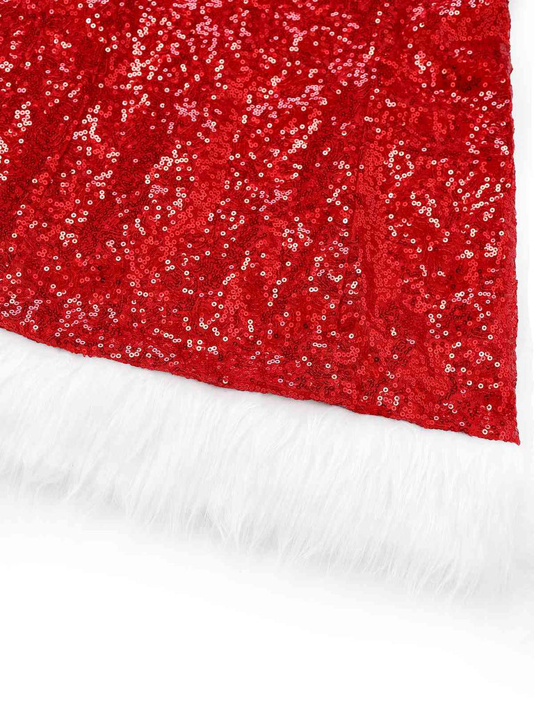 Rot 1970er Weihnachten Pailletten Schulterfrei Plüschbesatz Kleid