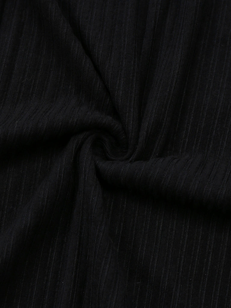 Schwarz 1940er Leopard Kunst Pelz Besatz Gerippt Stricken Kleid