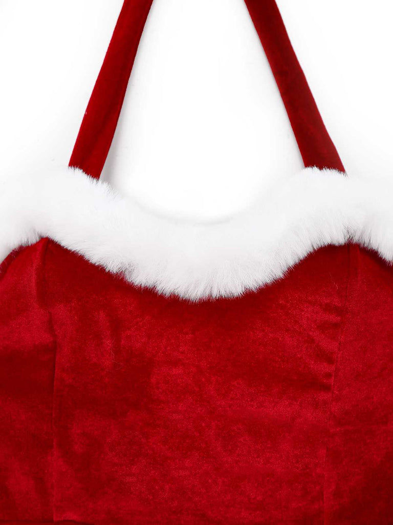 1970er Weihnachten Samt Faux Fur Trim Halter Romper Set