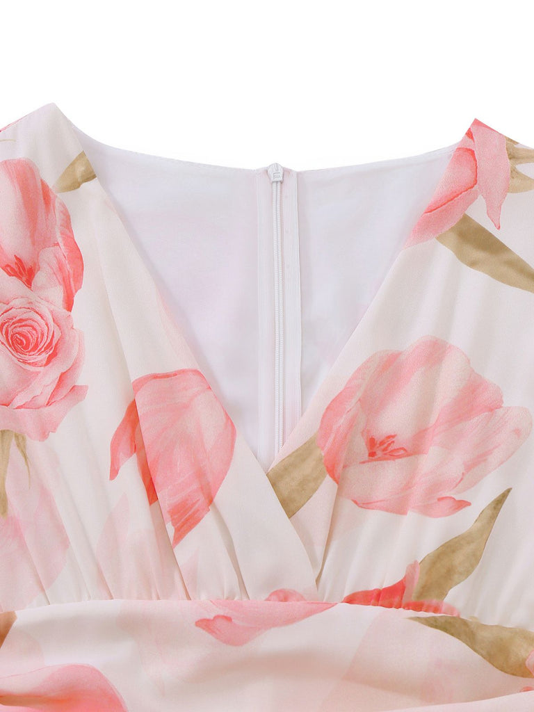 Rosa 1950er Blumen Druck V-Ausschnitt Puffärmel Maxi Kleid