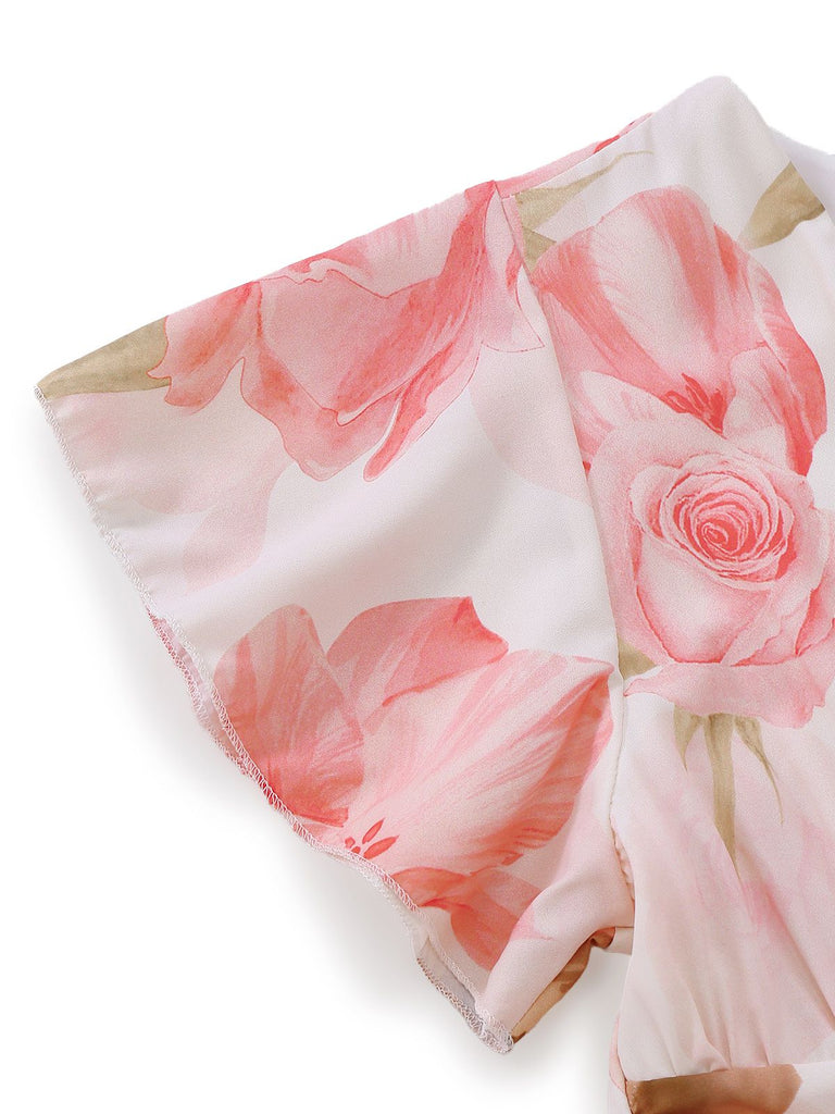 Rosa 1950er Blumen Druck V-Ausschnitt Puffärmel Maxi Kleid