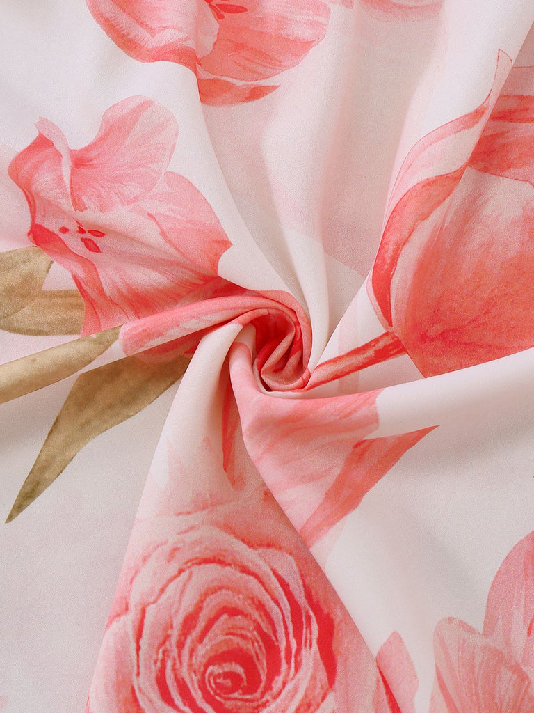 Rosa 1950er Blumen Druck V-Ausschnitt Puffärmel Maxi Kleid