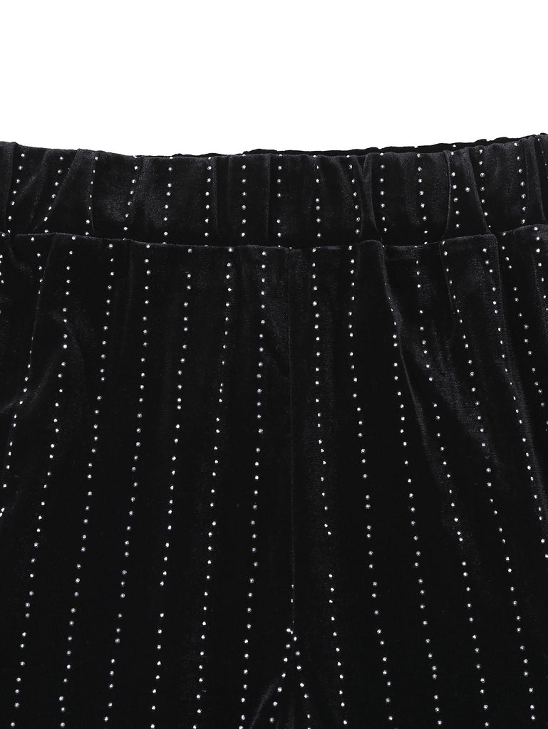 2PCS Schwarz 1960er Samt Pailletten Blazer & Hose Set