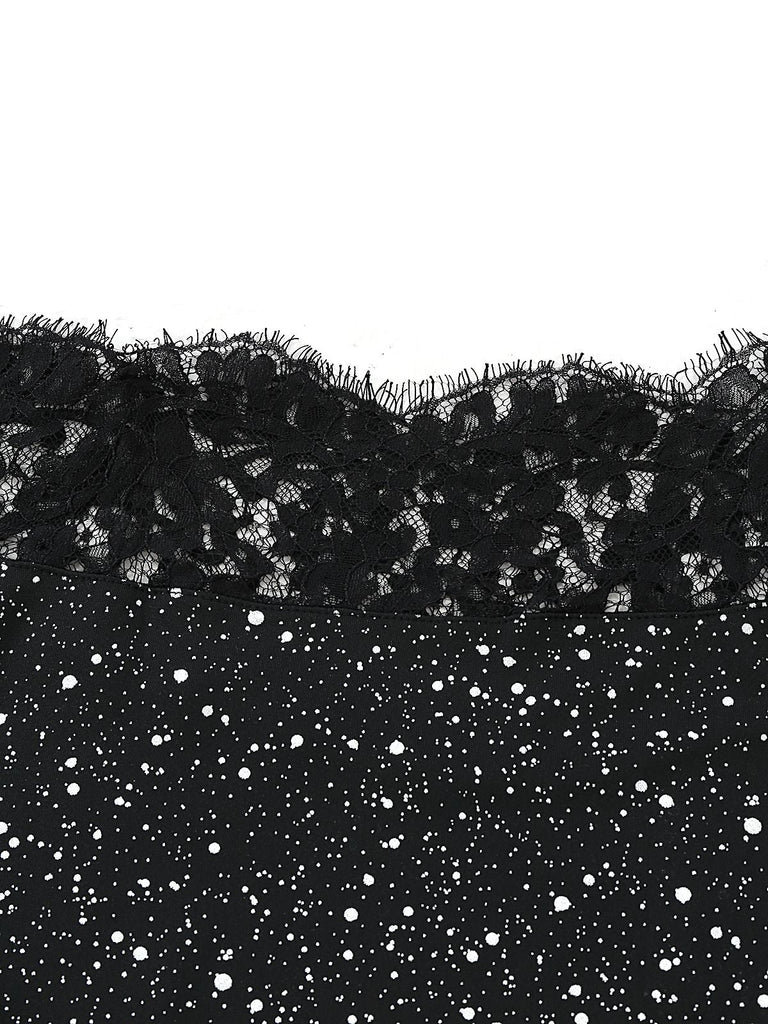 Schwarz 1980er Spitze Schulterfrei Silber Spritzer Enges Kleid