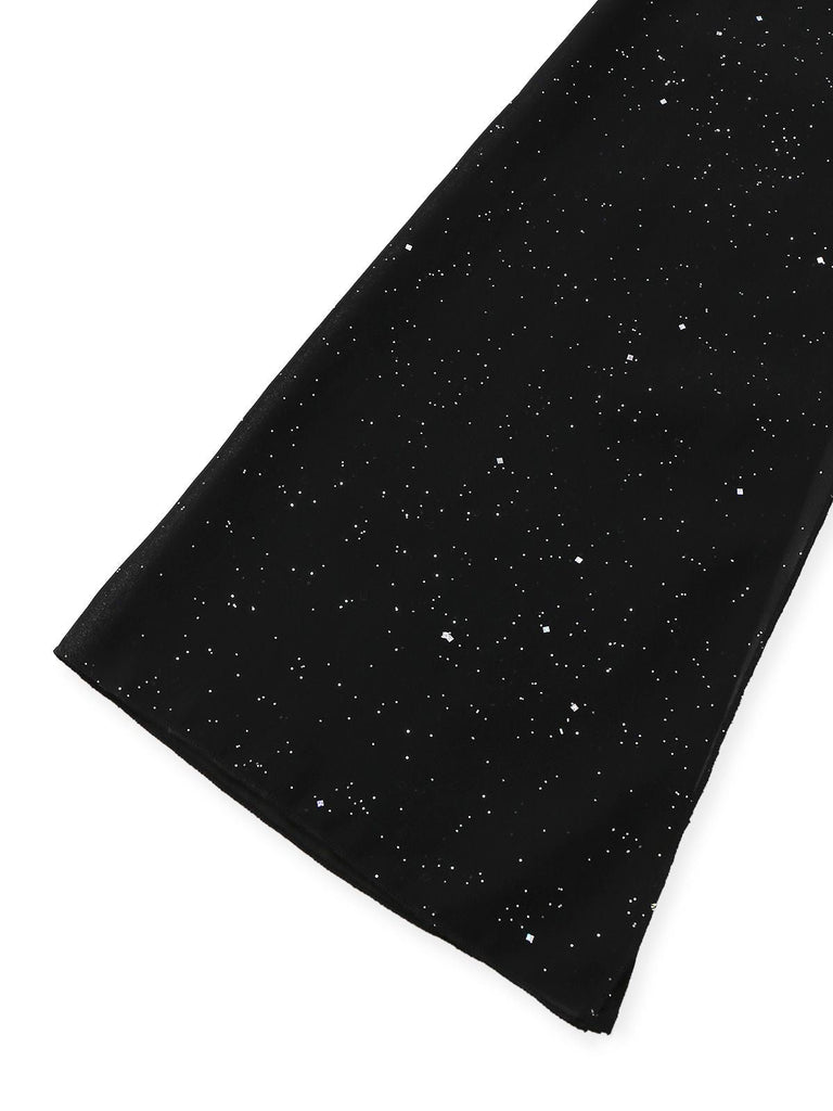 [Vorverkauf] Schwarz 1930er Glitzernd Cutout Jumpsuit mit Umhang