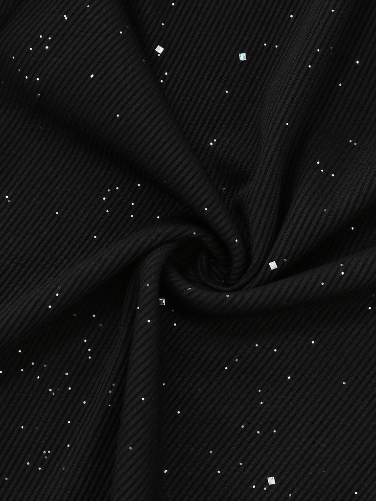 [Vorverkauf] Schwarz 1930er Glitzernd Cutout Jumpsuit mit Umhang