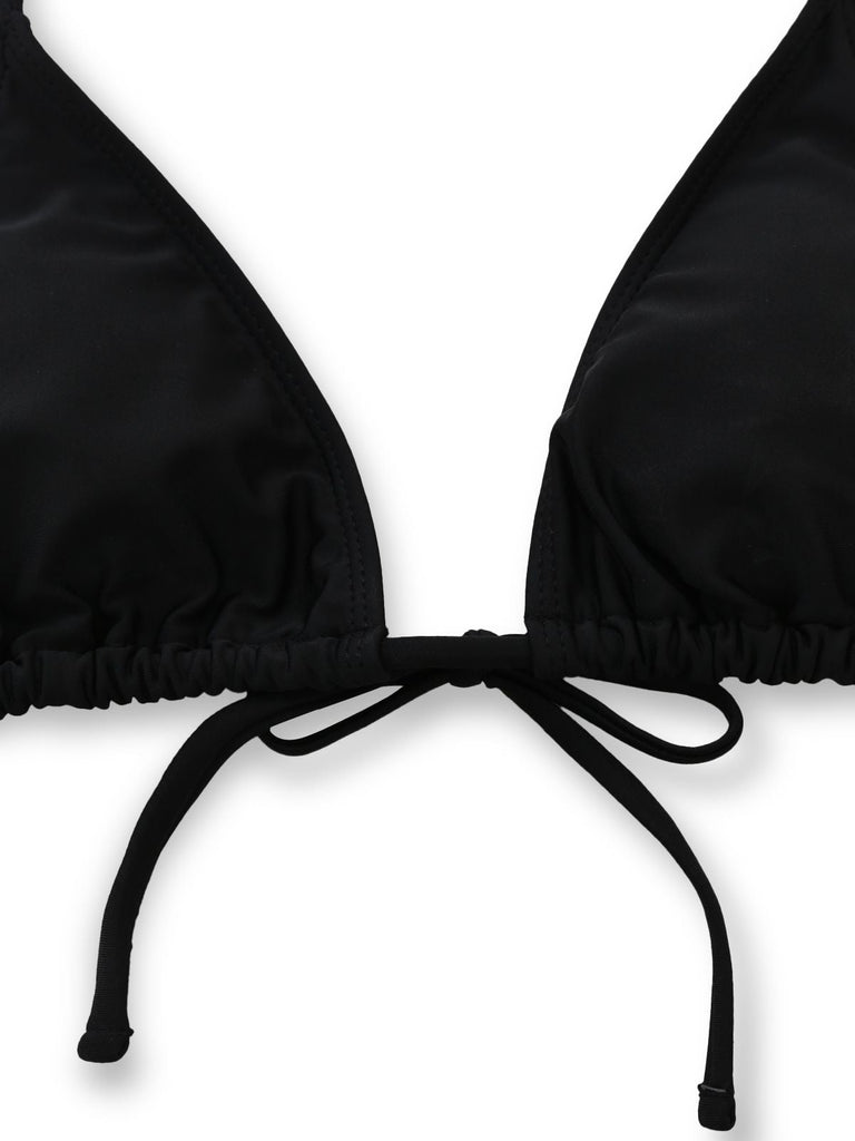 3PCS Schwarz 1960er Urlaubs Print Netz Halter Bikini Set & Cover-Up