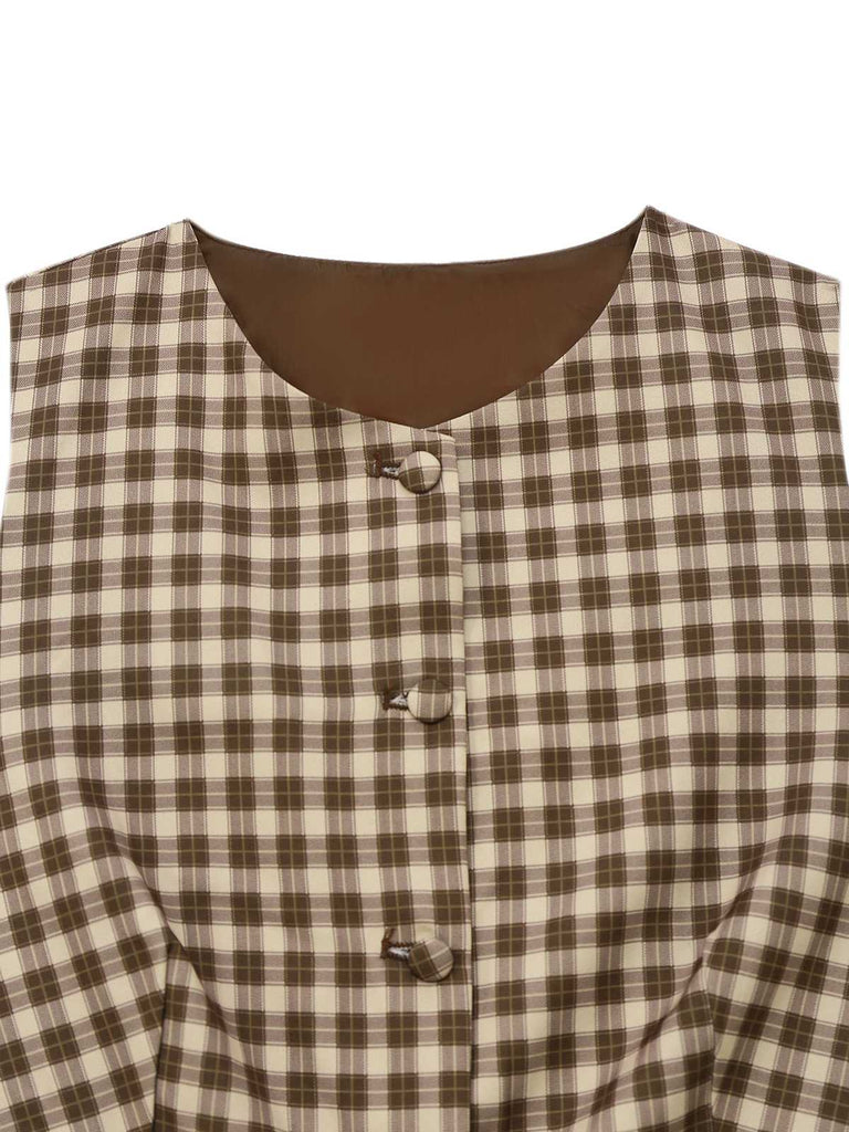 2PCS Braun 1960er Gingham Plaid Plissiertes Weste & Rock
