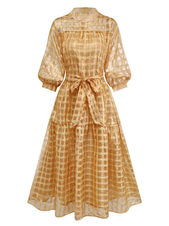 Gold 1940er Sheer Grid Puffärmel Gürtel Midi Party Kleid