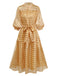 Gold 1940er Sheer Grid Puffärmel Gürtel Midi Party Kleid