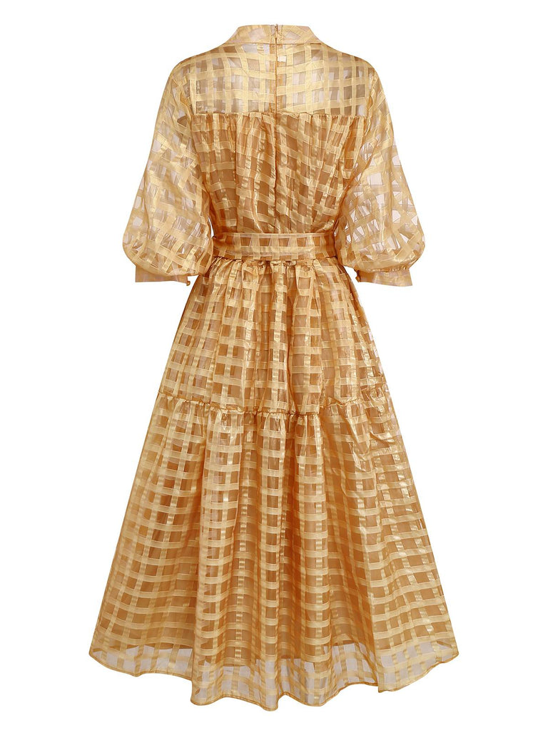 Gold 1940er Sheer Grid Puffärmel Gürtel Midi Party Kleid