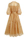 Gold 1940er Sheer Grid Puffärmel Gürtel Midi Party Kleid