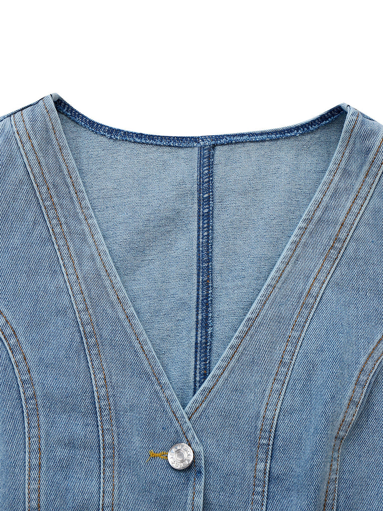 Hellblau 1970er V-Ausschnitt Denim Kurze Weste
