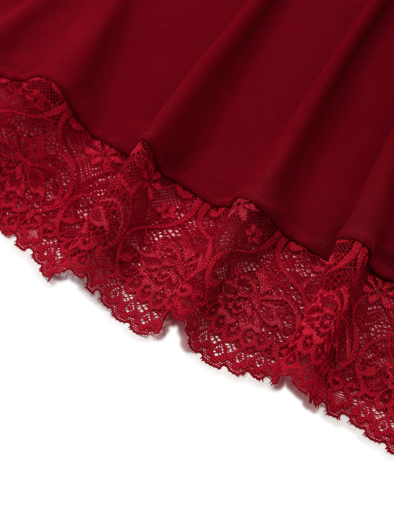 Weinrot 1950er Träger Spitze Bogen Nachthemd