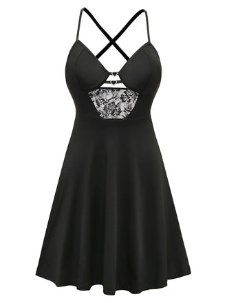 Schwarz 1950er Solide Spitze Strappy Nachthemd