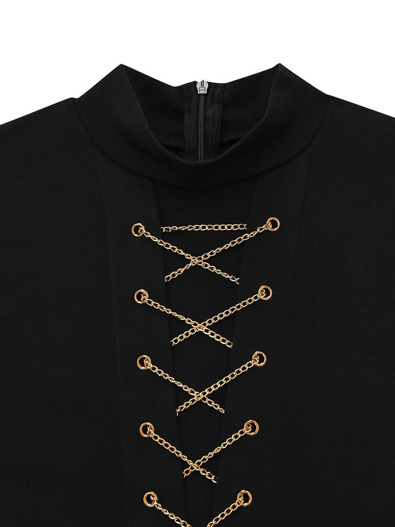 Schwarz 1930er Ärmellos Chain Kordelzug Halbrollkragen Jumpsuit