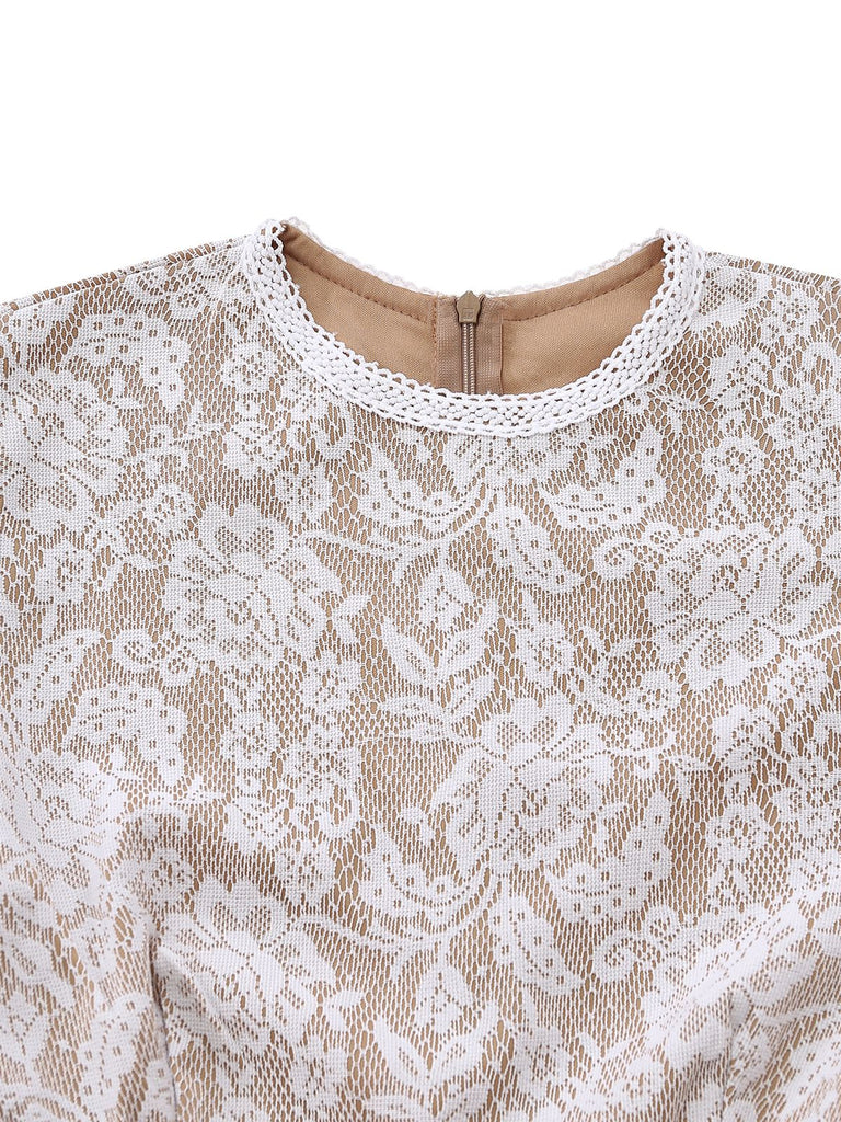 Weiß 1970er Spitze Langarm Ausgestellt Beine Jumpsuit