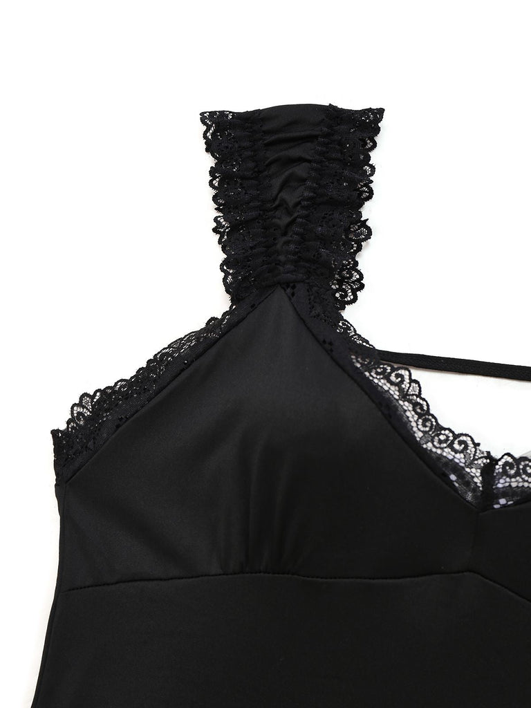 Schwarz 1950er Solide Schmetterling Rückenfrei Nachthemd