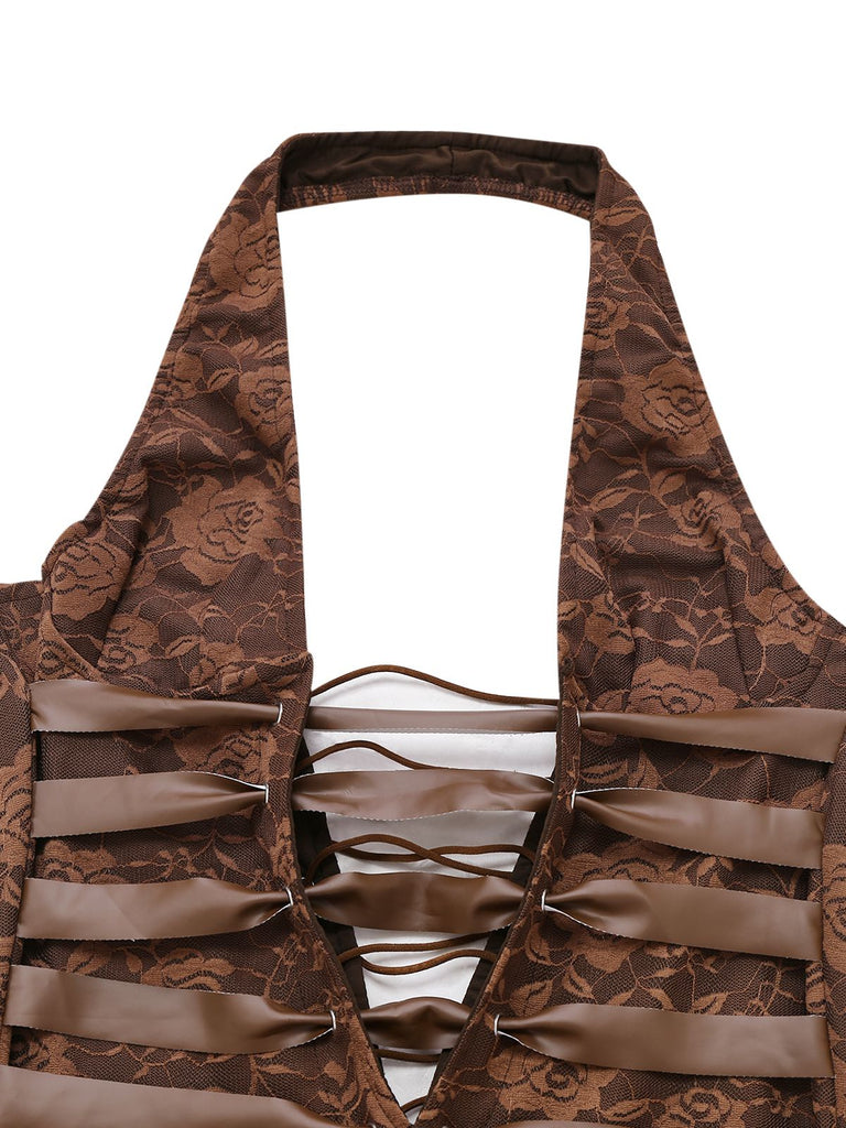 Braun 1970er Solide Schnürung Blumen Spitze Jumpsuit