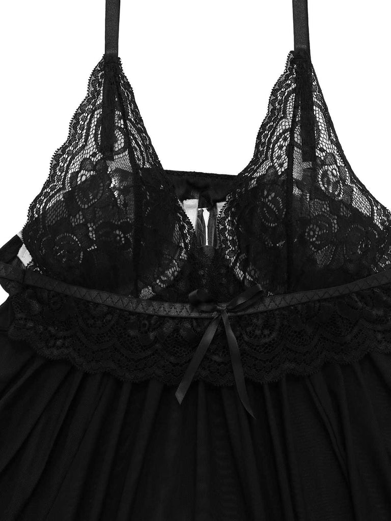 Schwarz 1960er Spitze Sheer Babydoll Dessous Set