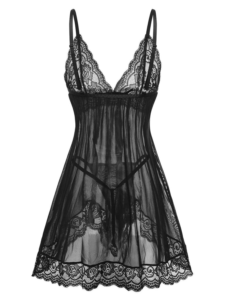 Schwarz 1960er Spitze Sheer Babydoll Dessous Set