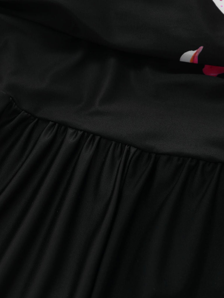 [Vorverkauf] Schwarz 1940er Blumen Einteiliger Badeanzug