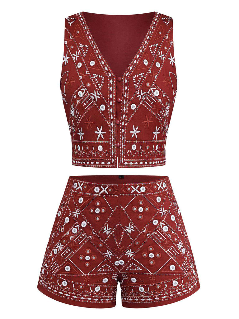 2PCS Dunkelrot 1970er Stickerei Boho Weste & Shorts