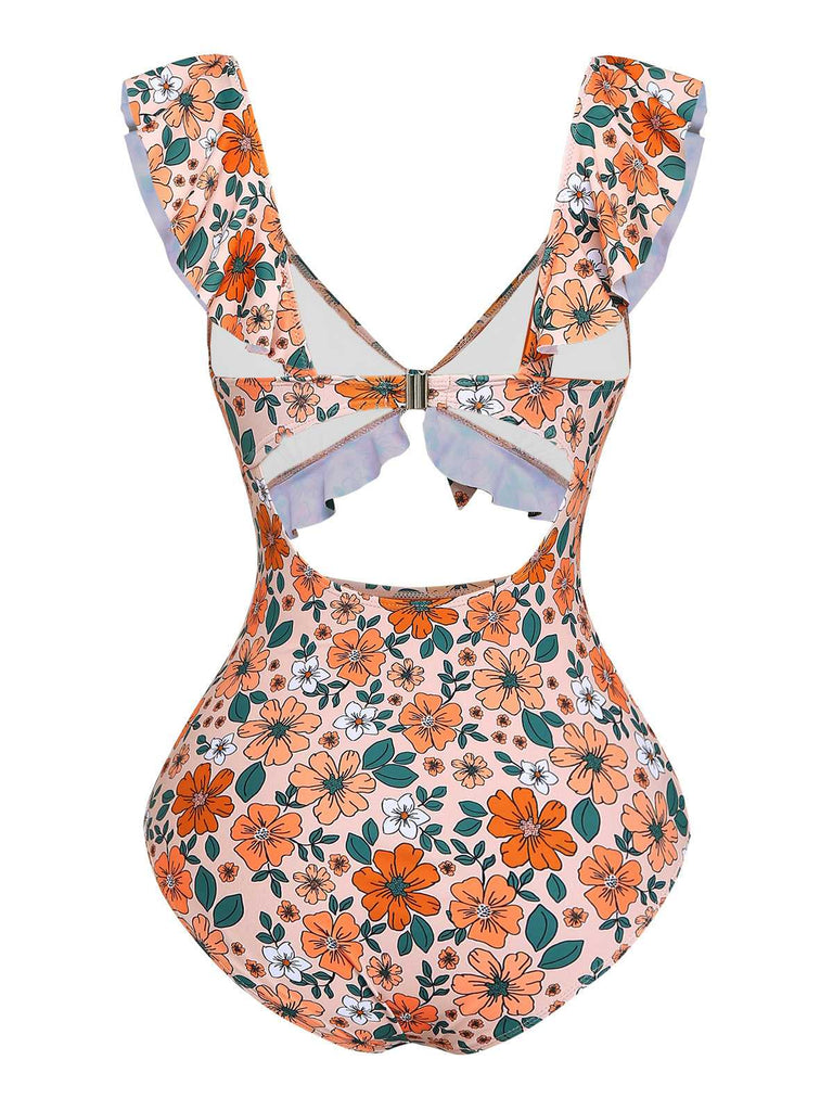 1930er Blumen Rüschen Cutout Einteiliger Badeanzug