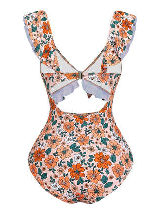 1930er Blumen Rüschen Cutout Einteiliger Badeanzug