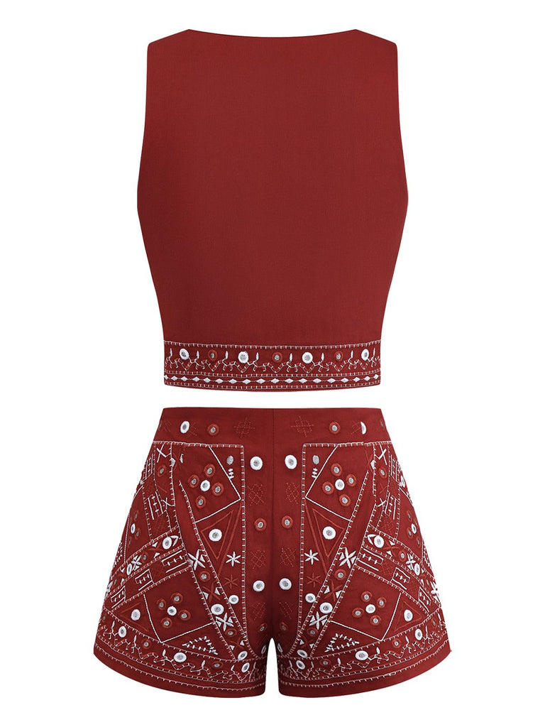 2PCS Dunkelrot 1970er Stickerei Boho Weste & Shorts