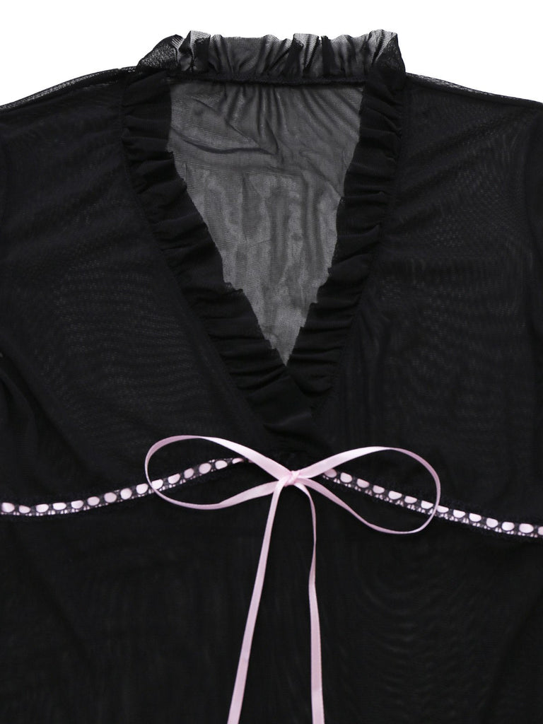 Schwarz 1970er Bogen Rüsche Durchsichtig Nachthemd