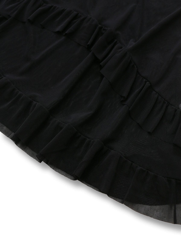 Schwarz 1970er Bogen Rüsche Durchsichtig Nachthemd