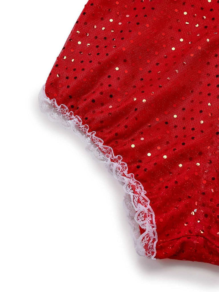 1980er Pailletten Weihnachten Trägerlos Romper Mit Hut & Stulpen