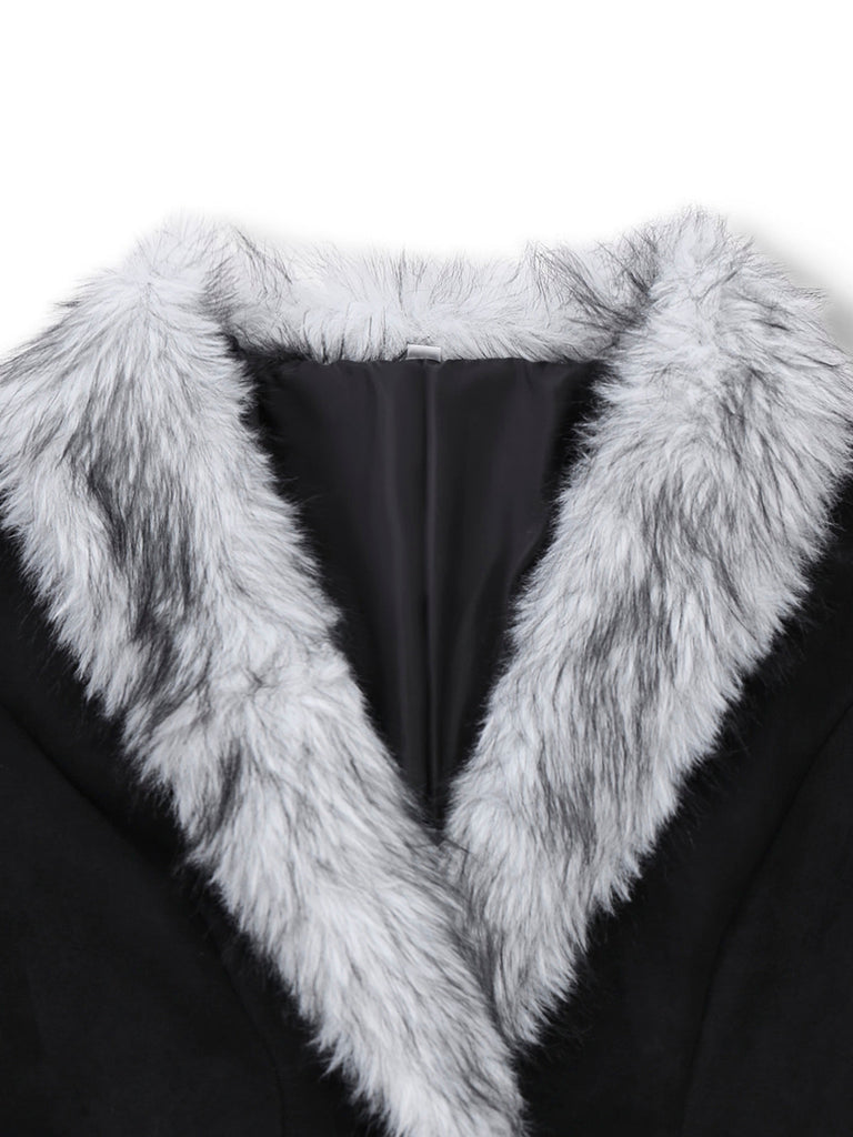 Schwarz 1930er Faux Pelzbesatz Maxi Mantel