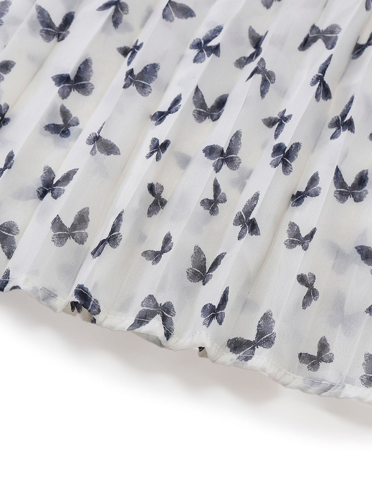 Weiß 1980er Schmetterling Perle Plissiertes Samt Korsett Midi Kleid