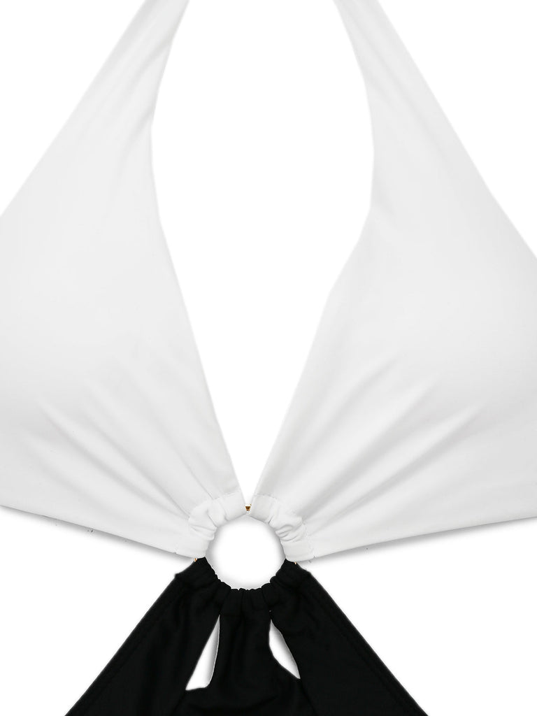 Weiß 1960er Halfter Tief V-Ausschnitt Badeanzug