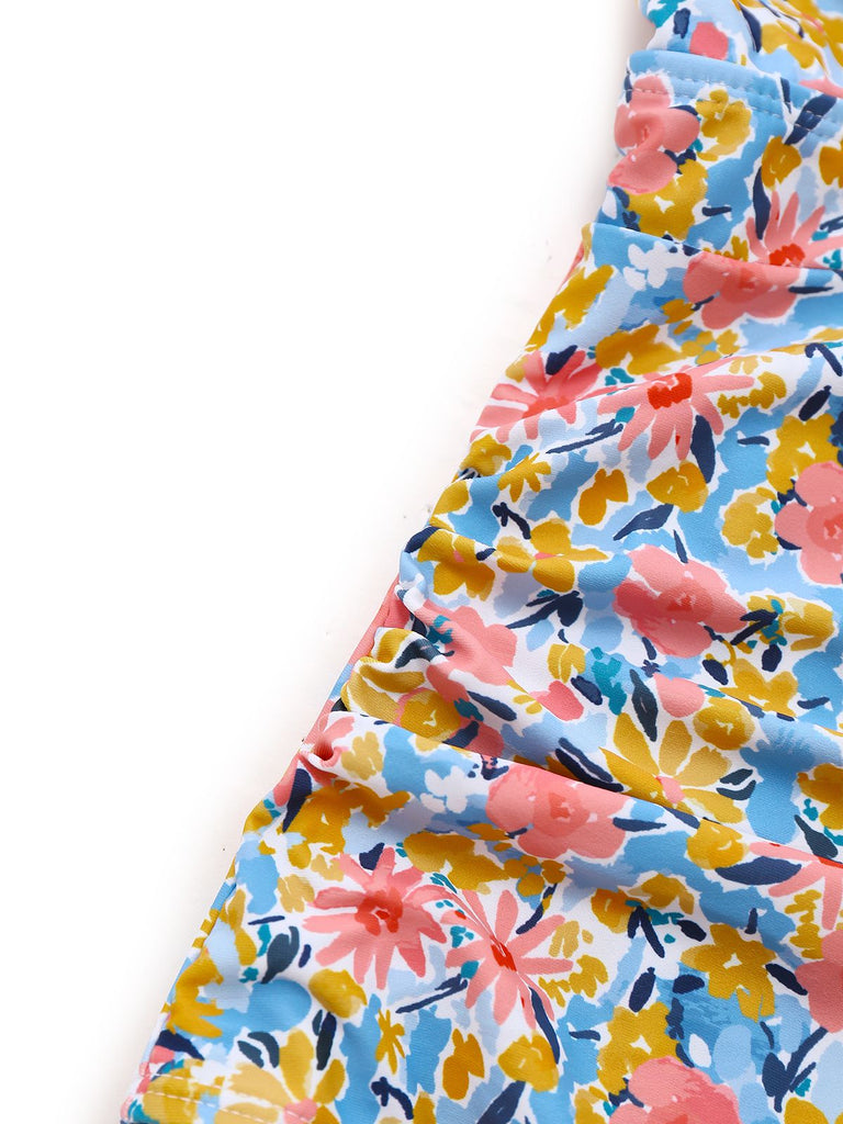 1950er Rüschen Kleine Blumen Tief V-Ausschnitt Badeanzug