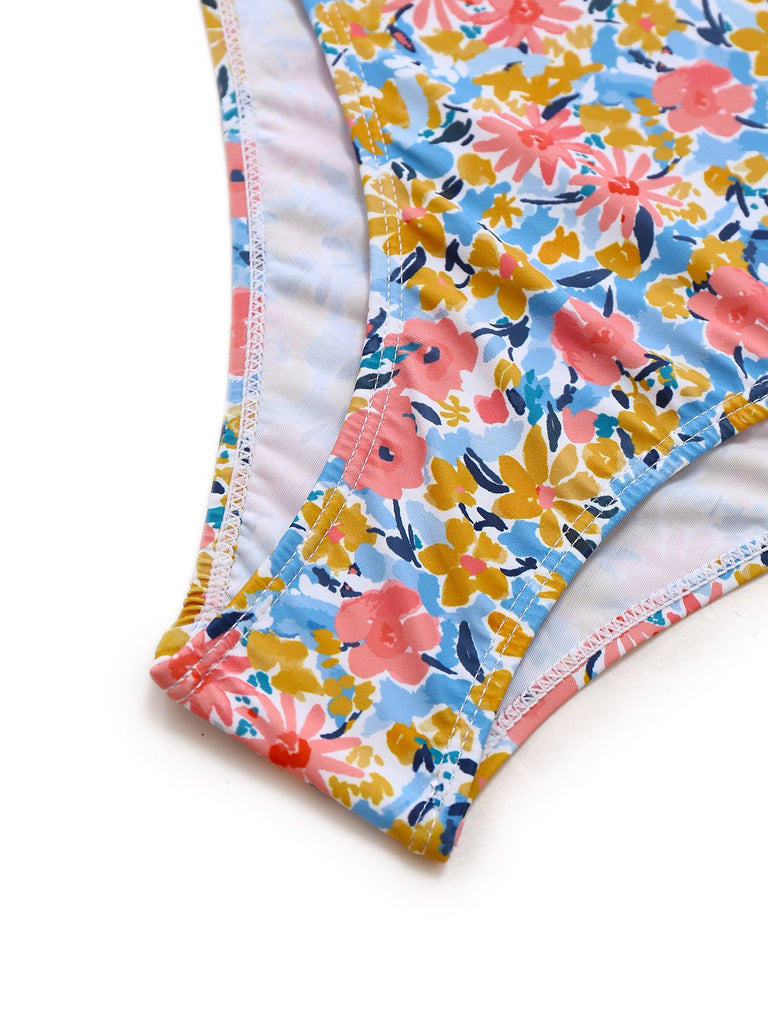 1950er Rüschen Kleine Blumen Tief V-Ausschnitt Badeanzug