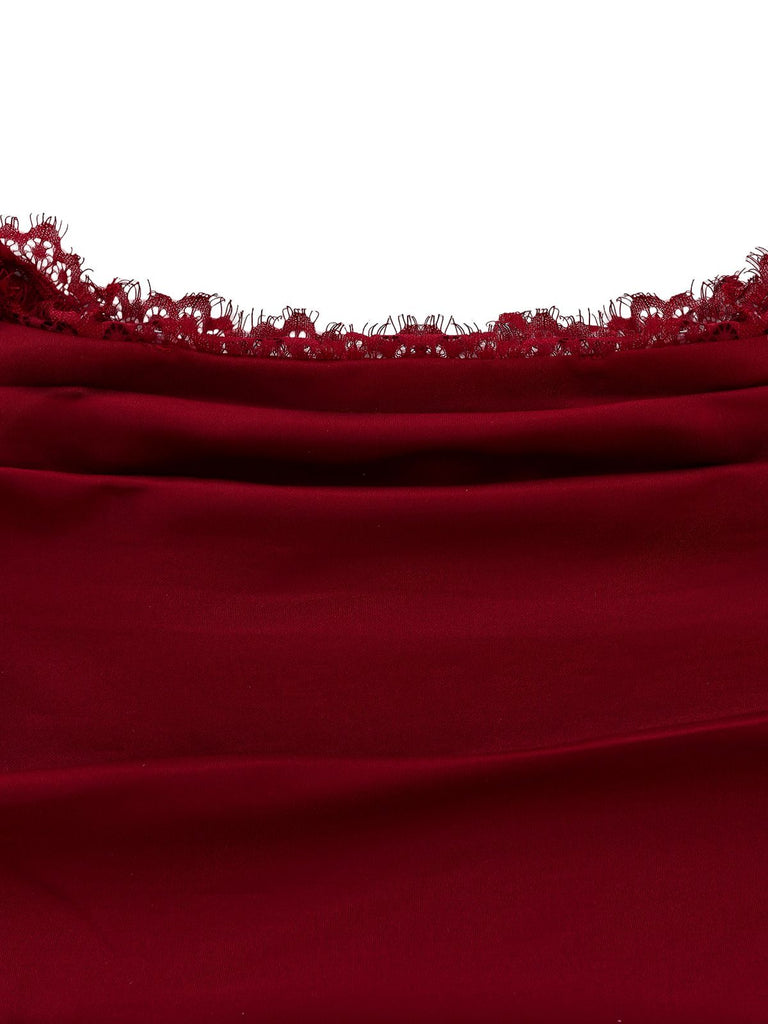 Bordeauxrot 1930er Schulterfrei Spitze Langarm Kleid