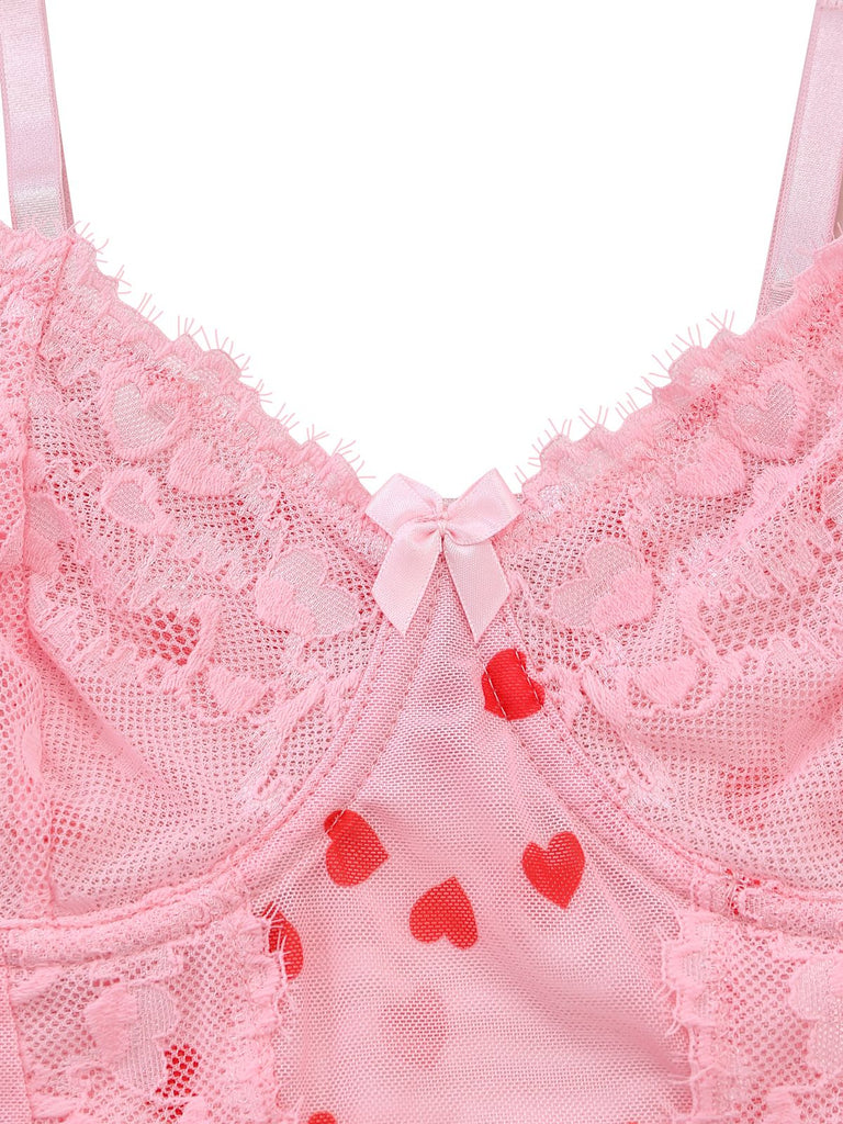 [Vorverkauf] Rosa 1980er Herz Spitze Durchsichtig Bodysuit Nachthemden