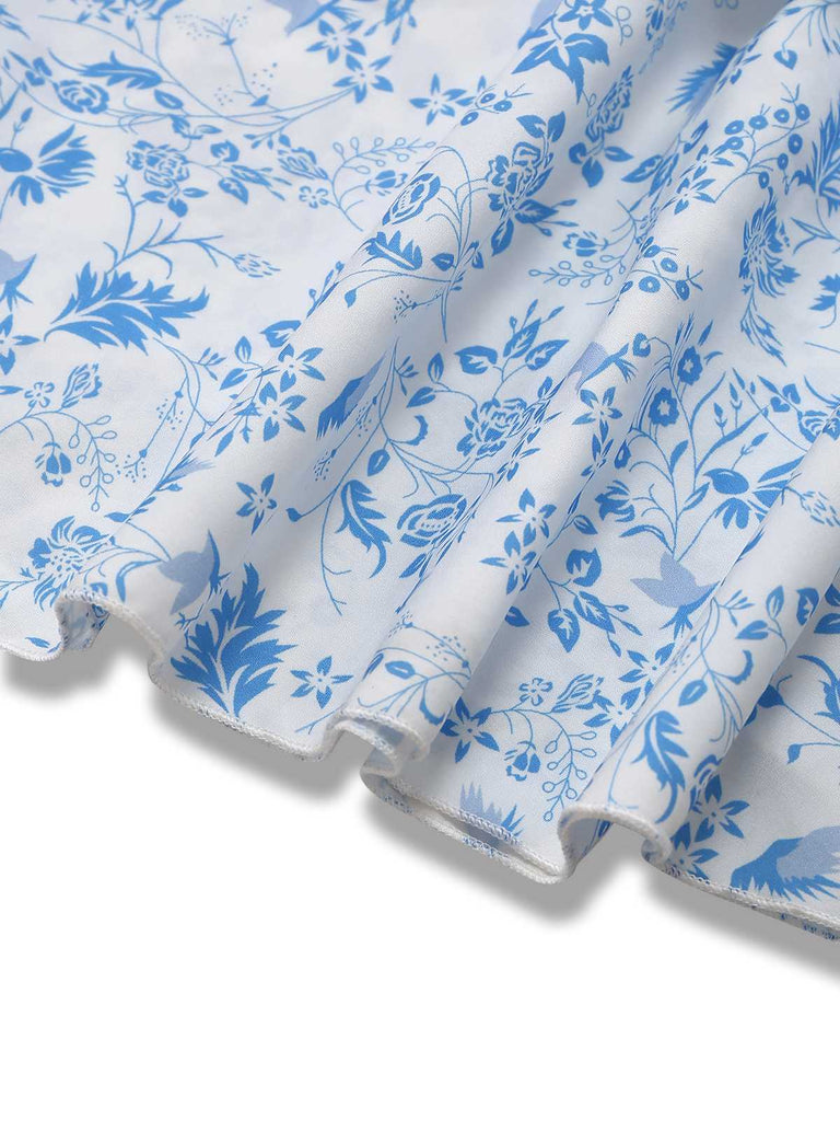 Blau 1970er Spaghetti Träger Blumen Stufenkleid