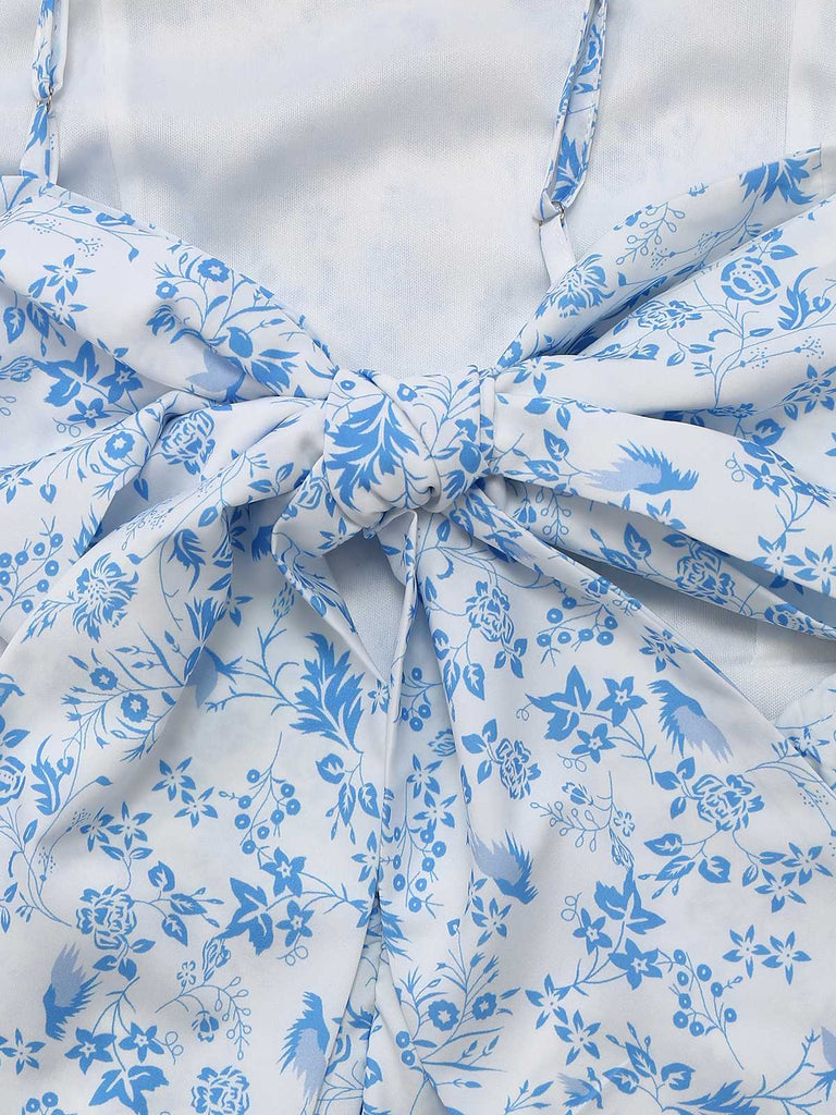 Blau 1970er Spaghetti Träger Blumen Stufenkleid